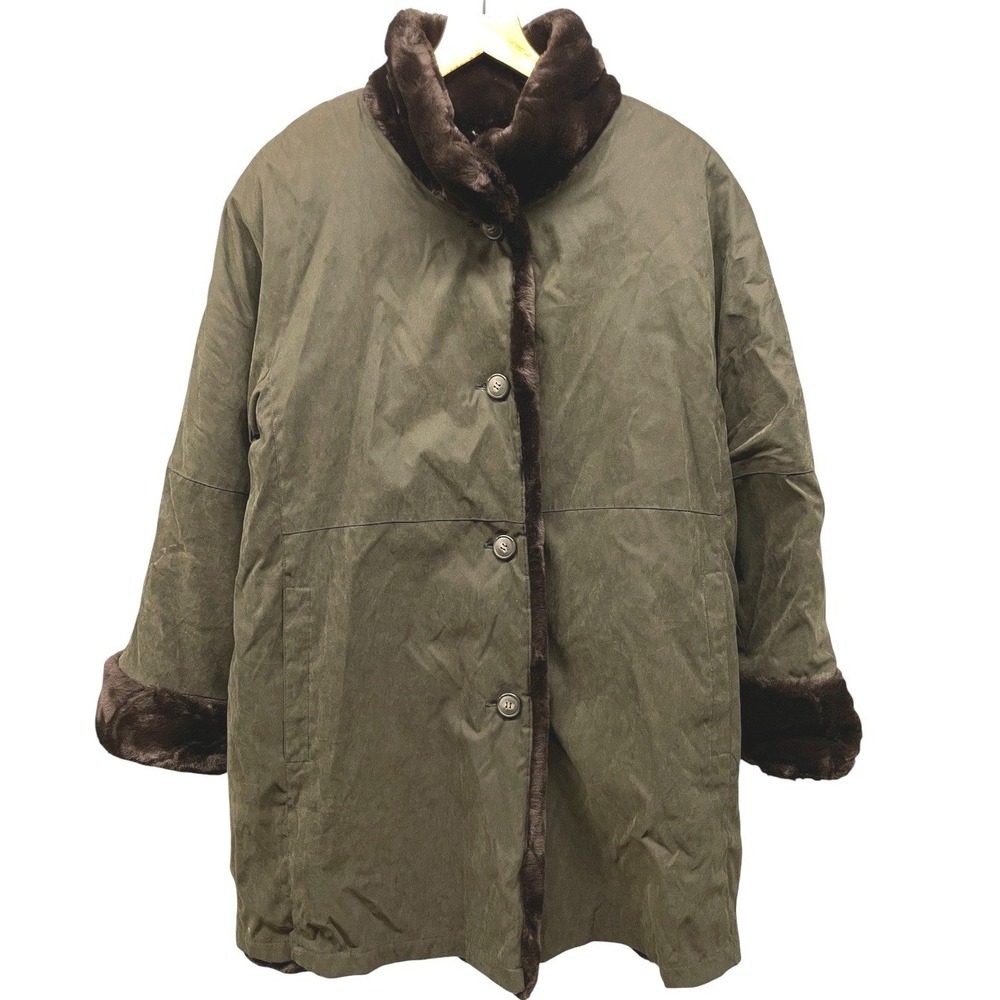 Jones New York Winter Coat Women's Large Green Faux Fur Lined Button Front